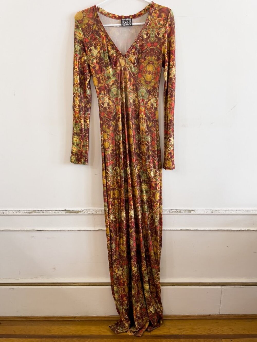 Vintage 70s Abstract Floral V-Neck Maxi Dress & Matching Handbag Set